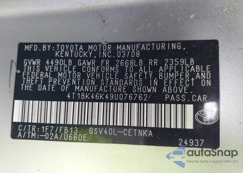 2009 Toyota Camry Le V6 z USA, uszkodzony, nr VIN 4T1BK46K49U076762